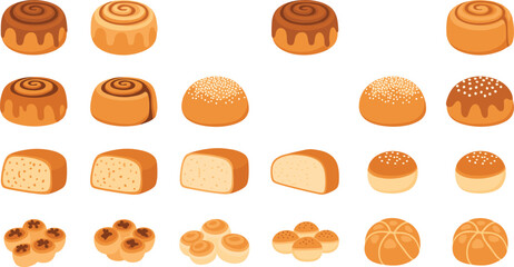 Set of sweet bread and pastry illustrations including cinnamon rolls, buns, loaves, and baked goods, cartoon style vector icons for bakery and dessert
