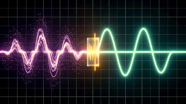 AI-powered signal denoising and data filtering visualization. Abstract concept of noise reduction for business process optimization and technological innovation.