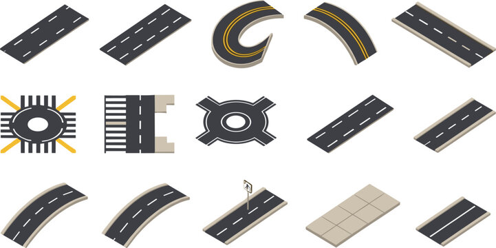 Isometric Road and Intersection Elements Vector Set for City Map and Game Design