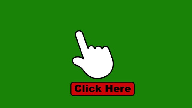 Hand pointer click animation with &ldquo;Click Here&rdquo; text on green screen background. Ideal for call-to-action visuals, tutorials, UI demonstrations, and instructional videos.