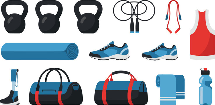 Gym and Fitness Equipment Vector Set with Workout Accessories Sports Gear Illustration