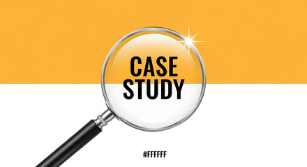 A magnifying glass focusing on the term case study on a two-tone background