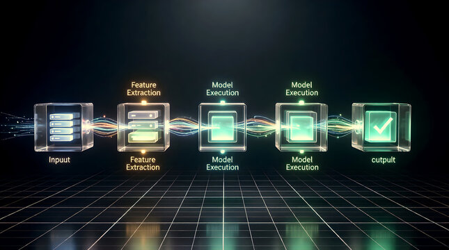 Enterprise AI Inference Pipeline Visualization. 3D flowchart of a machine learning model workflow for data processing and business automation presentations.