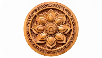 Fototapeta premium Circular wooden carving with layered floral motif—central core, six inner petals, expanding petal rings, outer geometric border—ornate craftsmanship showcasing symmetry and traditional woodwork.