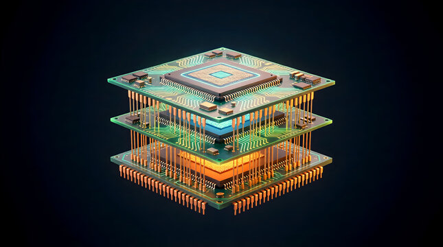 3D render of a futuristic GPU chip stack cross-section, illustrating advanced semiconductor packaging and AI hardware architecture for enterprise technology.