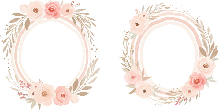 Watercolor floral oval frames with peach and pink flowers and greenery
