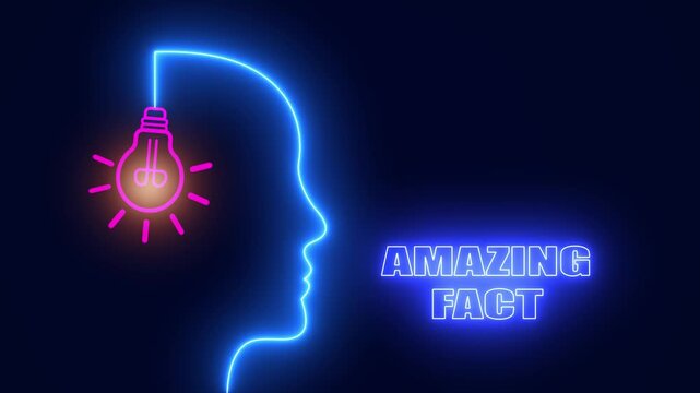 Glowing neon human head outline for amazing fact content and surprising discoveries in science and history documentaries