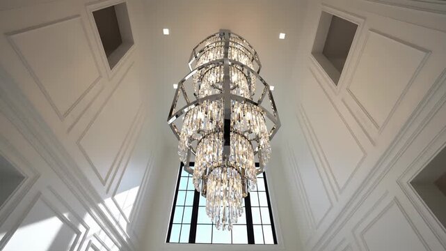Luxurious modern mansion foyer with grand crystal chandelier and marble floor