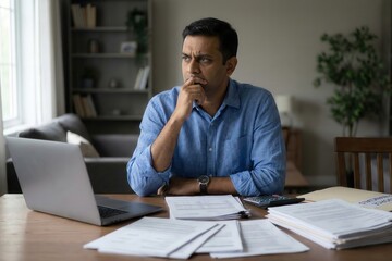 Naklejka premium Indian Man Managing Financial Impact of Divorce – Legal and Money Planning Concept