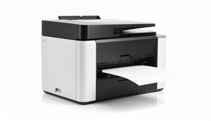 Modern black-and-white printer with extended paper tray and loaded sheet, sleek design, control panel and scanner bed visible, placed on flat surface in clean setting.