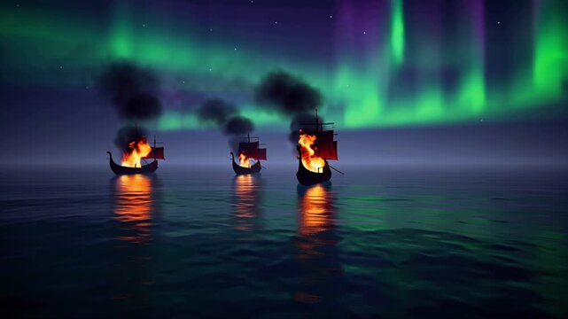 4K cinematic video, Viking longships ablaze, flames reflecting icy dark water, drifting slowly foggy horizon, aurora borealis sky green purple blue streaks, rising embers mystical atmospheric lighting