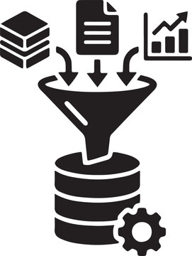 A funnel collecting data from documents, charts, and stacks, pouring it into a database with a gear.