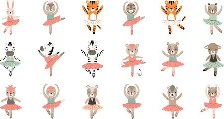 Cute Animal Ballerina Characters Collection With Bunny Zebra Tiger Bear And Mouse Dancers In Tutu Dresses Flat Vector Illustration © EdGe Creative
