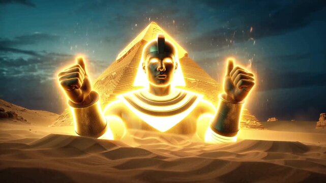 4K surreal cinematic video, spectral Ancient Egyptian soldiers emerging golden sand, glowing pyramid semi-transparent armor molten gold glow glowing eyes flowing sand abstract patterns mystical energy