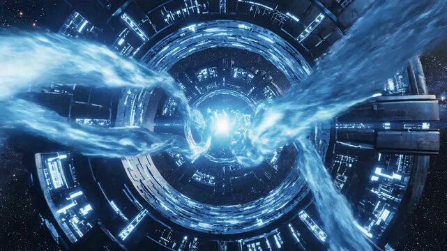 Futuristic spaceship wormhole portal transports through galaxy background