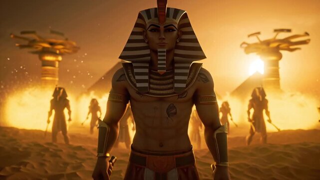 4K cinematic video, Ancient Egyptian soldiers emerging golden sands sunset, glowing pyramids background, detailed ornate armor, hieroglyphic tattoos, ceremonial khopesh swords, swirling sand particles