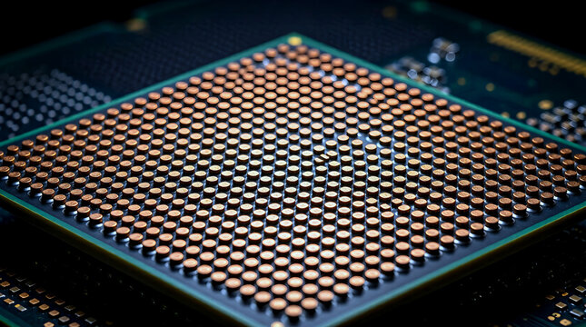 Extreme close-up of a GPU micro-bump array on a silicon interposer, illustrating advanced semiconductor packaging technology for AI and high-performance computing.