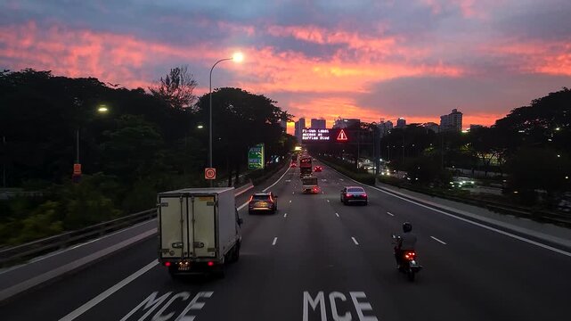 Beautiful twilight hour in Singapore. 4K video resolutions. Bus moving at East Coast Park Expressway in Singapore.

