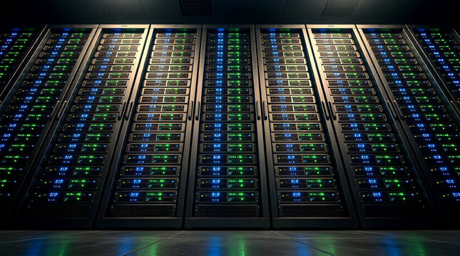 A dramatic low-angle shot of a supercomputer server wall, illustrating enterprise-level AI, big data analytics, and cloud infrastructure.