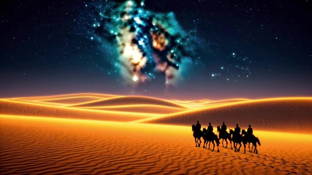 Cinematic 4K stock video, time-lapse nomadic riders silhouetted horseback crossing glowing sand dunes Milky Way galaxy, sand subtly shifting bioluminescent veins, glowing dust particles floating air
