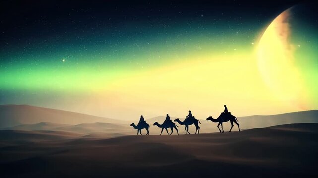cinematic 4K video, nomadic riders silhouetted camels crossing vast shifting sand dunes night, glowing starlit sky aurora colors, shooting stars streaking across, distant planets visible horizon mist