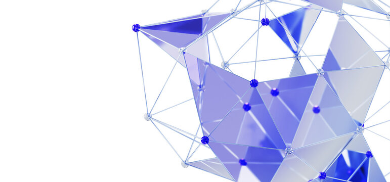 Futuristic technology background with glass polygon mesh. Wireframe 3d sphere of dots and lines. Abstract geometric grid of transparent triangle shapes with purple blue gradient