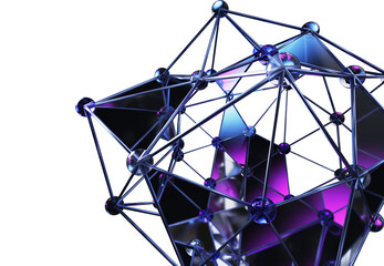 Black background with wireframe 3D sphere of neon glass dots and lines. Polygonal mesh ball of transparent triangle shapes and purple blue gradient. Abstract futuristic geometric grid © marozhkastudio