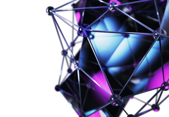 Obraz na płótnie Canvas 3d sphere dot line wireframe background. Polygonal mesh of metal, clear diamonds and glass triangle shapes with blur purple blue neon gradient. Abstract futuristic geometric black bg