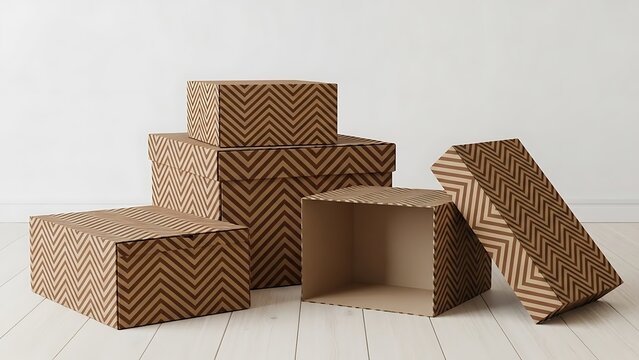 Brown cardboard boxes with chevron pattern on white wooden floor empty boxes packaging