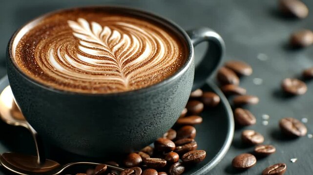 Close-up of a beautifully crafted latte with intricate leaf art on the foam surface surrounded by