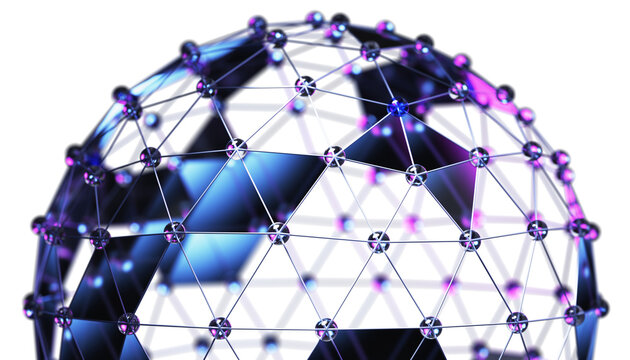 Abstract neon glass blue and purple wireframe 3d sphere of dots and lines on black background. Futuristic geometric bg with hologram circular polygon mesh, grid ball, global network