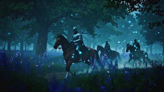 Cinematic 4K video, knights horseback riding enchanted forest, luminescent glowing plants, neon blue purple lights, magical fog swirling around horse hooves, floating bioluminescent orbs, cinematic