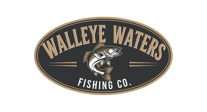 Walleye Waters Fishing Co. oval logo with jumping fish design.