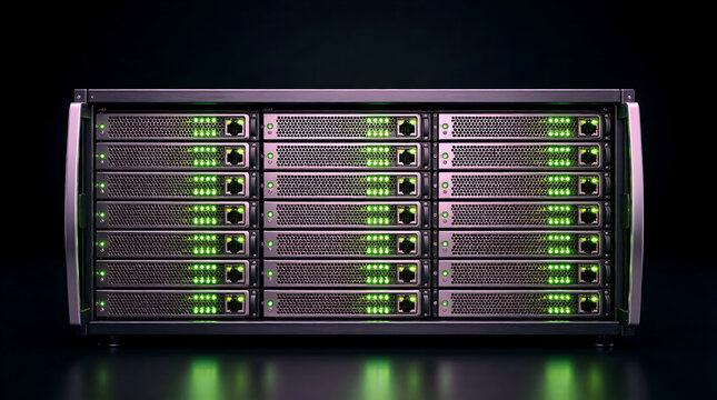 AI-powered enterprise server rack in a data center with glowing green network LEDs. Concept for big data, cloud computing, and modern technology infrastructure.