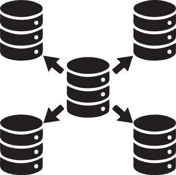 A central database cylinder connected by arrows to four surrounding database cylinders.