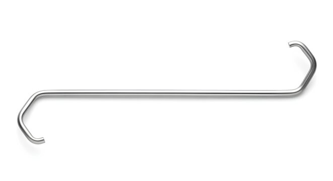 A silver metal tool with curved ends on a plain background viewed from directly above