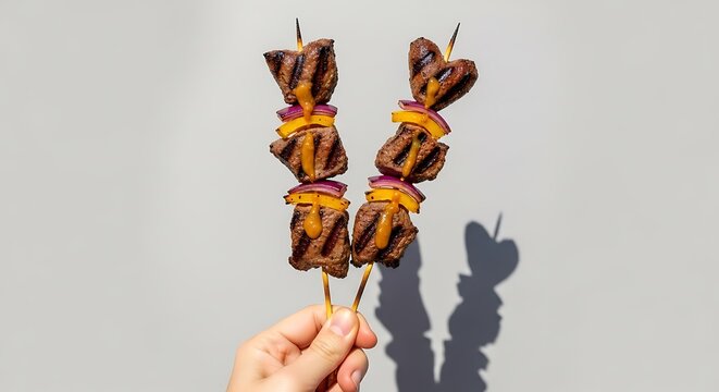 hand holding anticuchos skewers