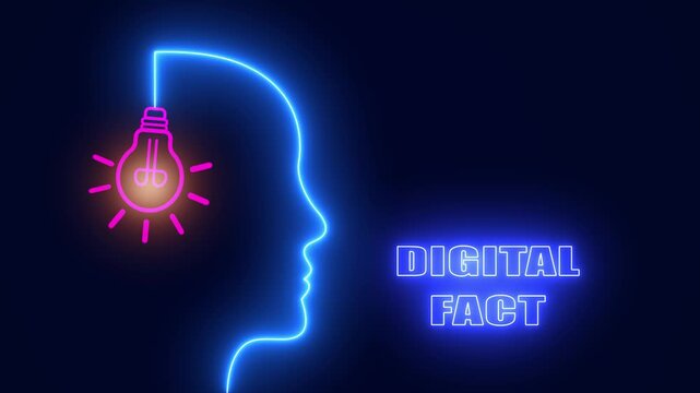 Neon profile of a human head with a glowing bulb for digital fact content and social media marketing trends