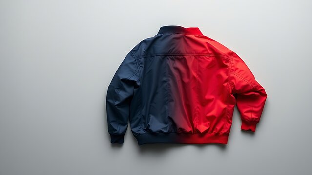 reversible. A reversible jacket lying on a plain surface, one side blue and the other red. lifestyle magazines, social media lookbooks, designed for lifestyle magazines and social media content.