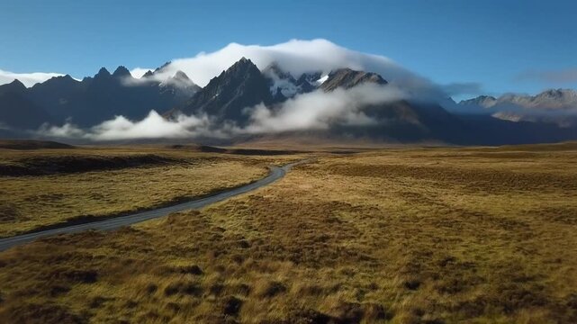 Seamless loop aerial drone glide over sharp mountain peaks and open plains with low clouds and cool morning light, photorealistic cinematic landscape background with strong scale and negative space