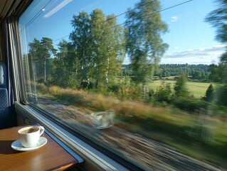 a train window with a view of a scenic landscape, including a river, trees, and a blue sky with clouds. Inside the train, there is a wooden table with a cup of coffee and a saucer, and blue seats with