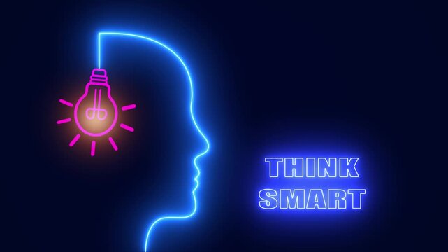 Think smart neon head with glowing bulb perfect for business coaching videos and intelligent strategy tutorials