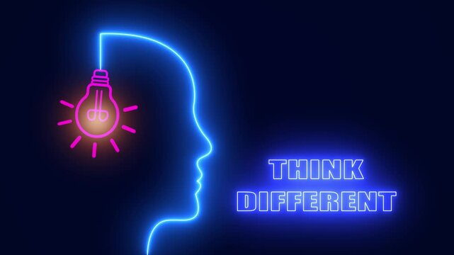 Think different neon head concept great for creative brainstorming sessions and unique branding agency videos