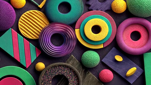 Vibrant color assortment of playful foam and rubber toy shapes in a dynamic pattern