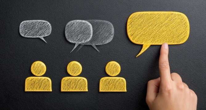 Conceptual image with yellow and gray drawn speech bubbles and people icons with a pointing hand on a black background