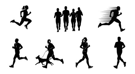 Obraz premium Collection of running people silhouettes including a female runner, a group of four diverse individuals jogging, a man running with speed lines and a man jogging with a dog in motion