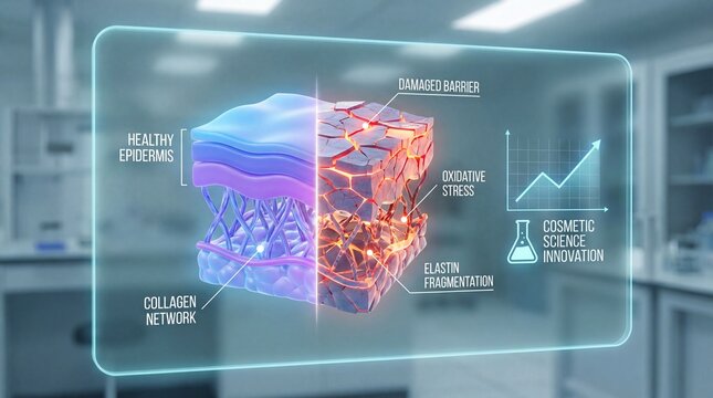 Healthy epidermis collagen network damaged barrier oxidative stress elastin fragmentation cosmetic science innovation skin structure laboratory scientific medical 3D illustration glowing research