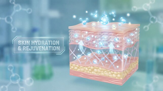 Skin hydration rejuvenation 3D layered skin structure light penetration moisture absorption glowing healthy smooth medical cosmetic dermatology beauty illustration