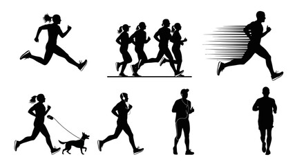 Obraz premium Set of black silhouettes of people running in various scenarios isolated on white background depicting different running styles and situations