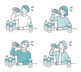 喉が渇いて水を飲む男女・高齢者のイラストセット（糖尿病・多飲・口渇・熱中症）
